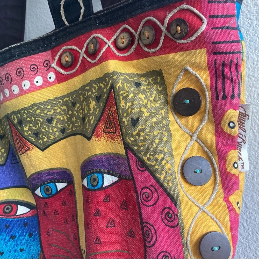 Laurel Burch Colorful Boho Cats Tote Bag Novelty Print Funky Artsy Art Teacher
